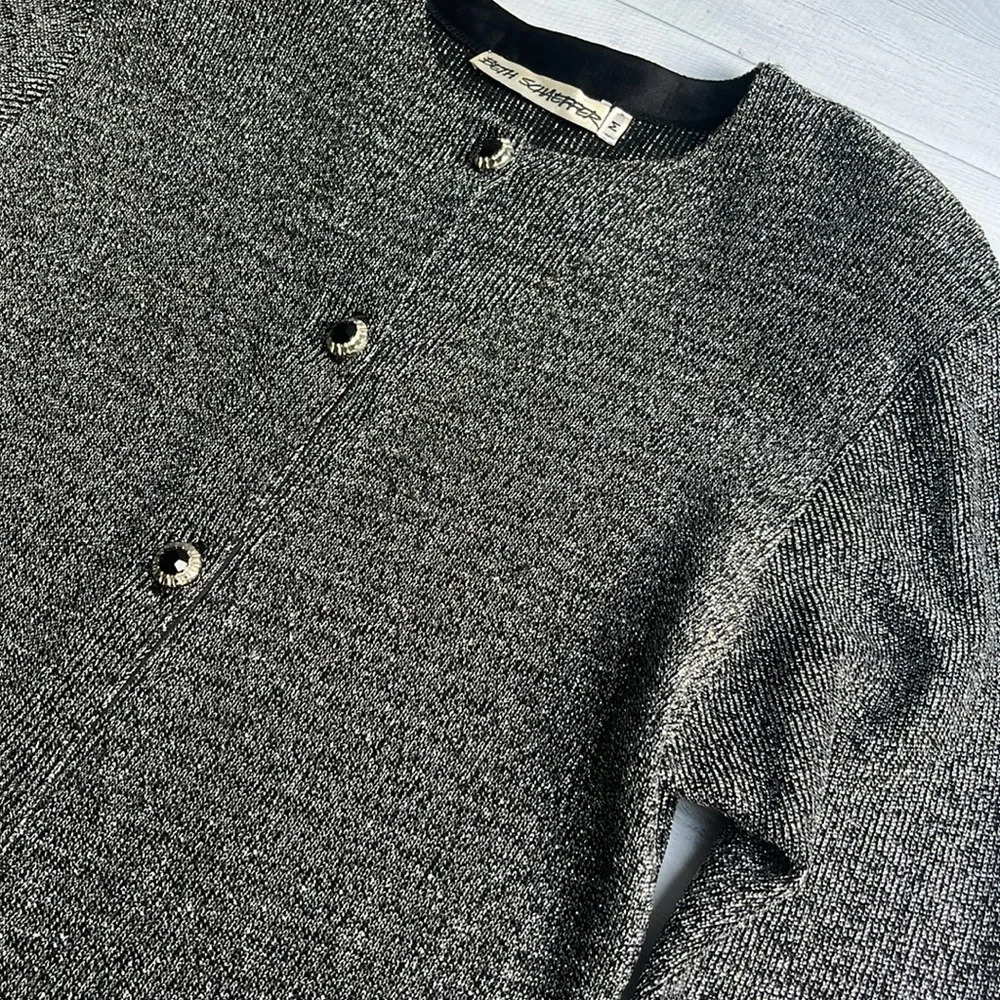 Vintage Palm Beach Beth Schaeffer Silver Metallic Cardigan Sweater M - Picture 3 of 7